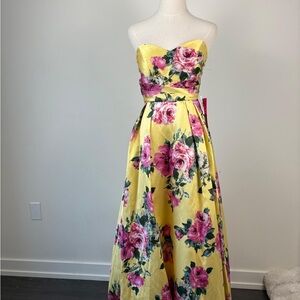 Formal strapless yellow flower print dress. New with tags